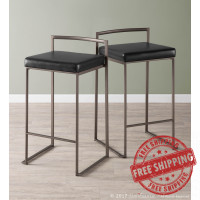 Lumisource B26-FUJI AN+BK2 Fuji Industrial Stackable Counter Stool in Antique with Black Faux Leather Cushion - Set of 2